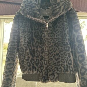 Generation Love HEIDI Gray Leopard Print Faux Fur Bomber Jacket Size small